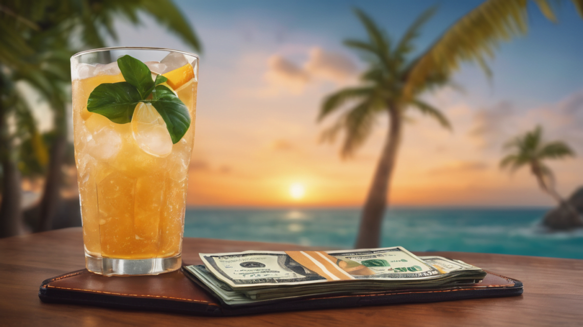drink next to a wallet on an oceanfront table saving money on airbnb and vrbo