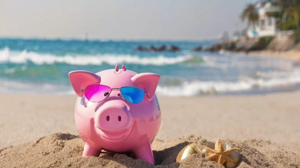 piggy bank nestled in the sand on a beach