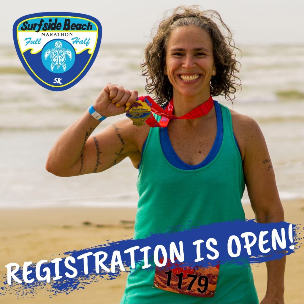 Surfside Beach Marathon in Surfside Beach Texas - Register now - picture of woman holding a medal